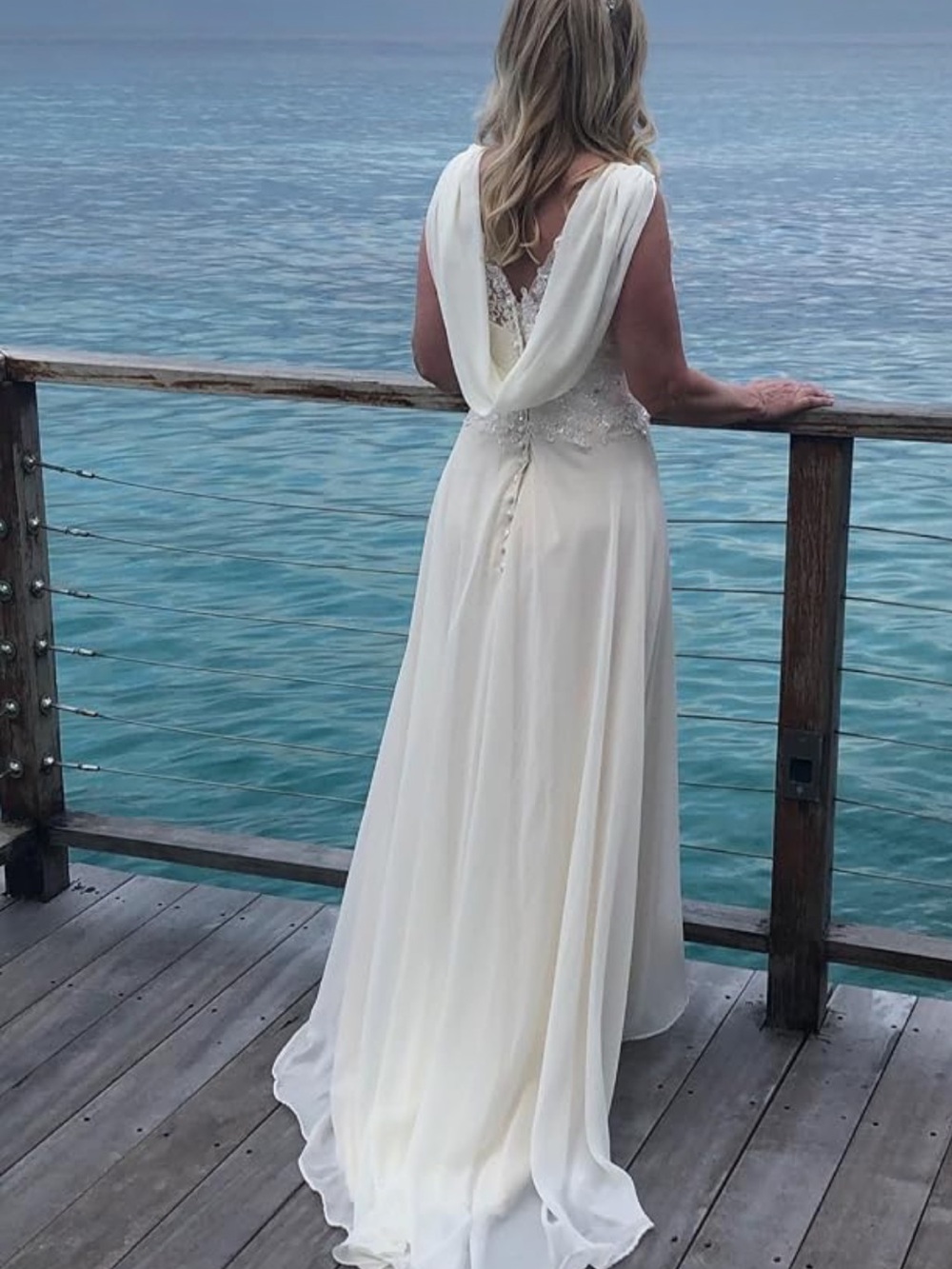 Beach Wedding Dress, Detailed beads Ivory Draped Back wedding Dress bride to be